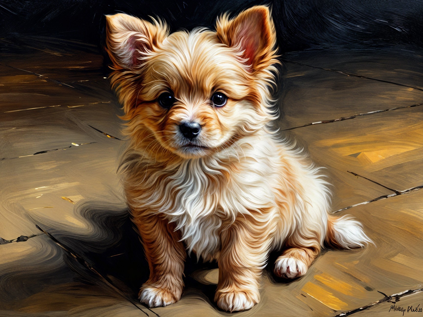 Fluffy Golden Puppy on Textured Floor in Warm Light