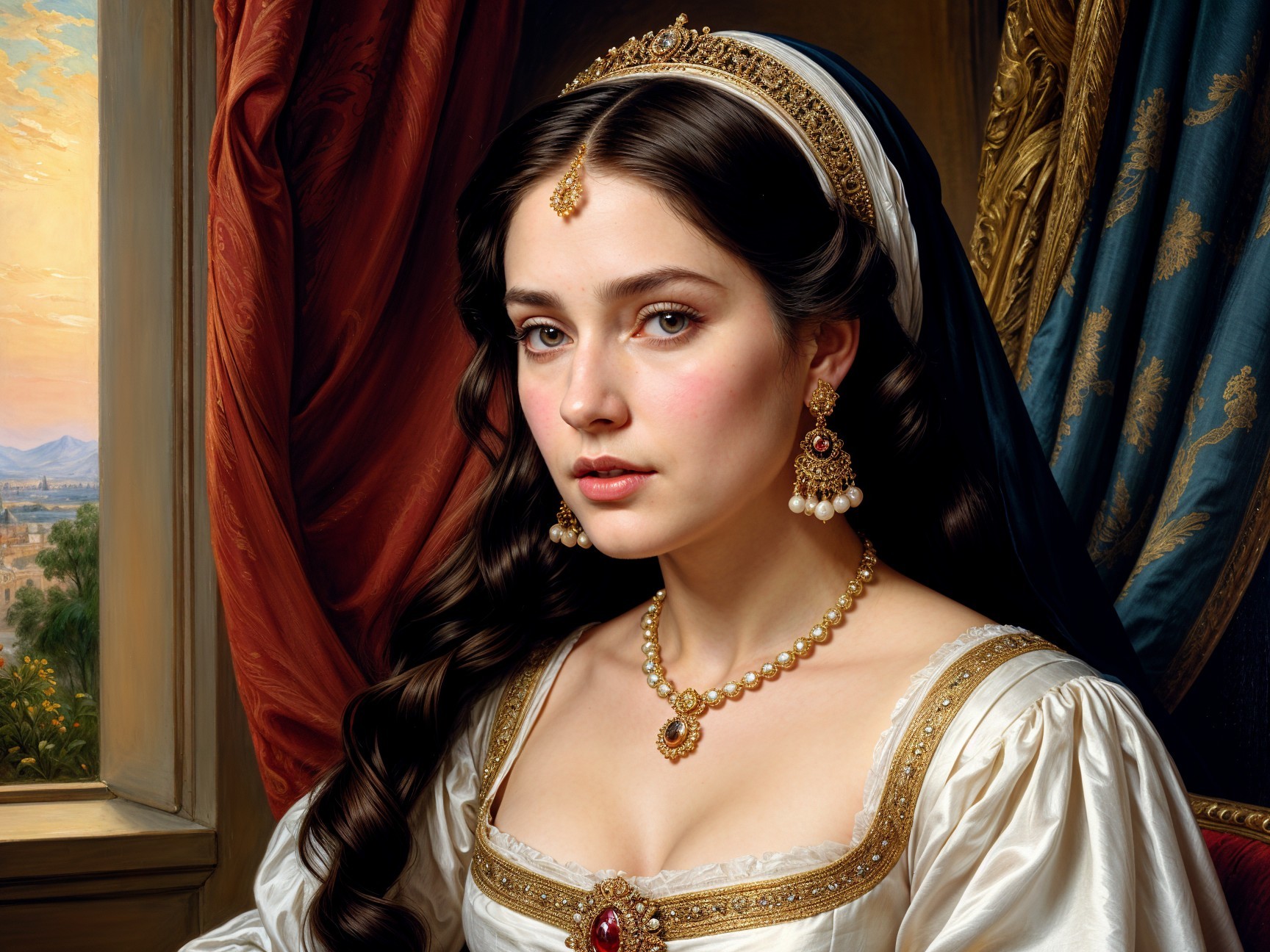 Historical Portrait of a Young Woman in Elegant Attire