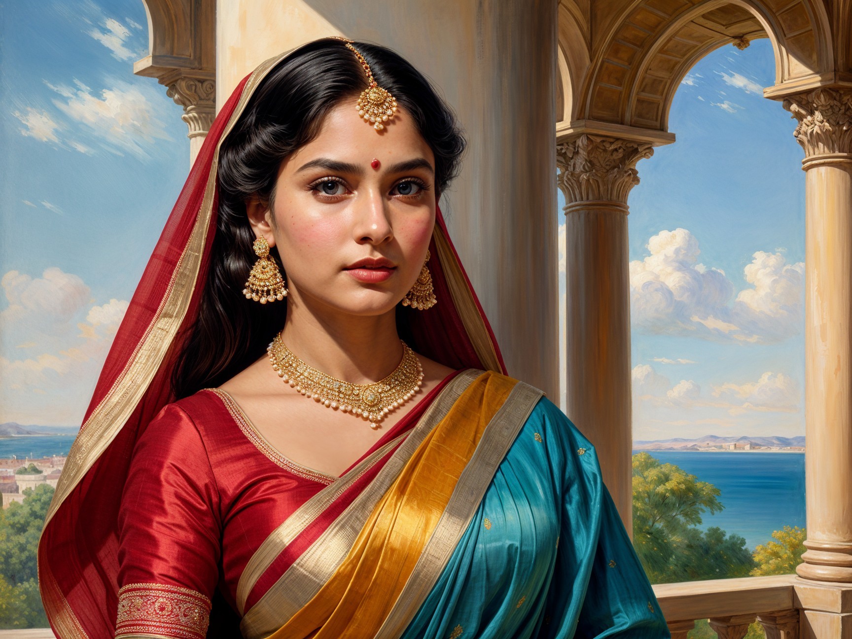 Young woman in saree by classical architecture
