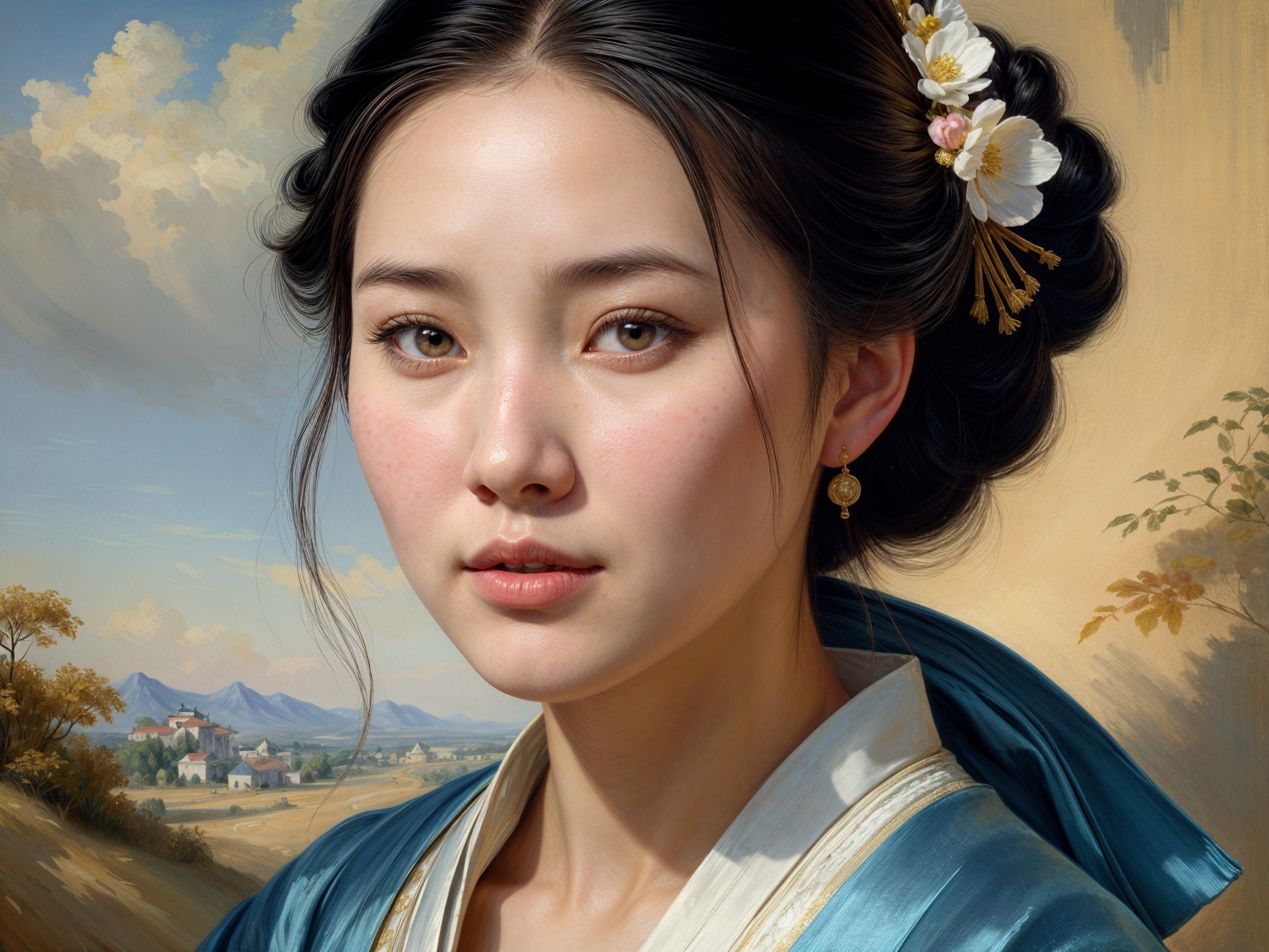 Young Woman in Traditional Blue Garment in Landscape