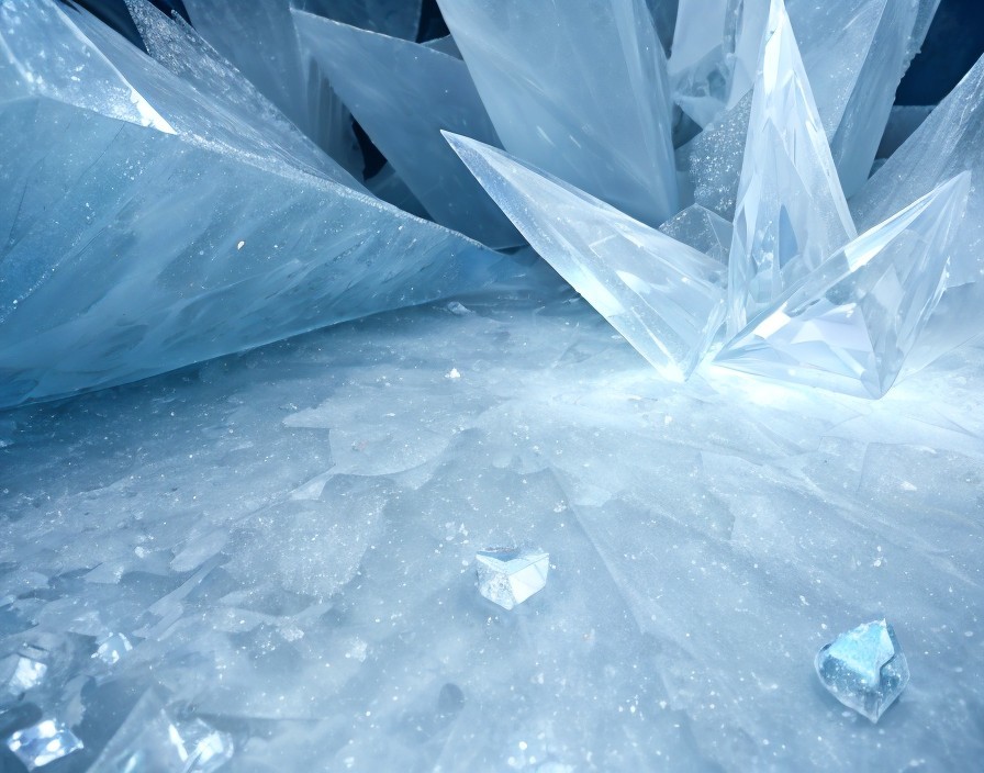 Translucent Blue Crystals on Reflective Ice Surface