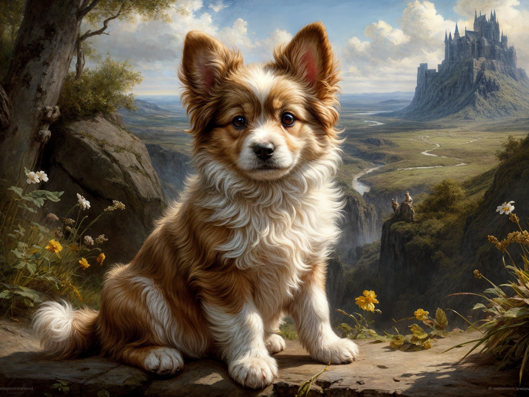 Fluffy Puppy on Rocky Ledge with Castle Background