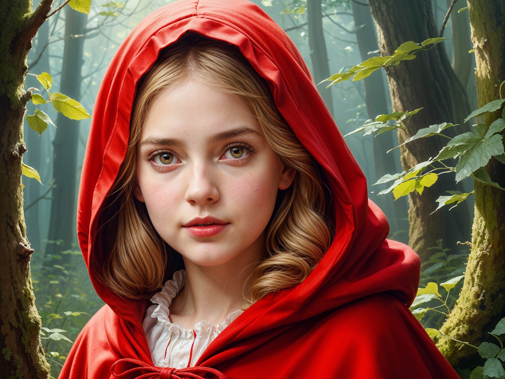 Young girl in red cloak in a lush forest setting