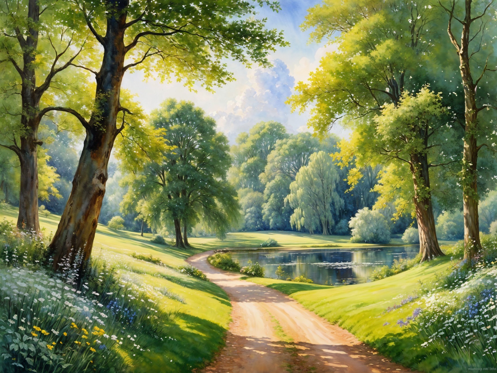 Serene Landscape with Winding Path and Tranquil Pond