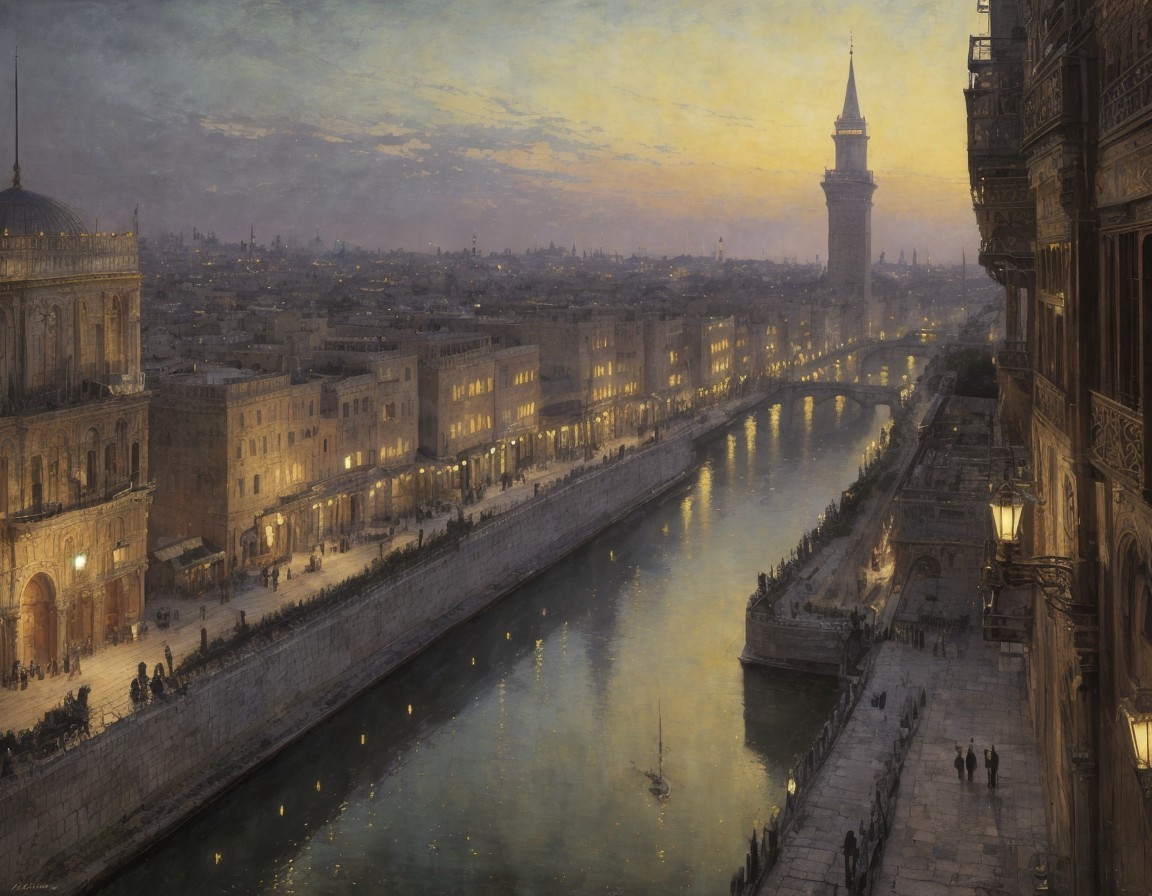 Historic cityscape at dusk with river, classical architecture, and prominent tower.