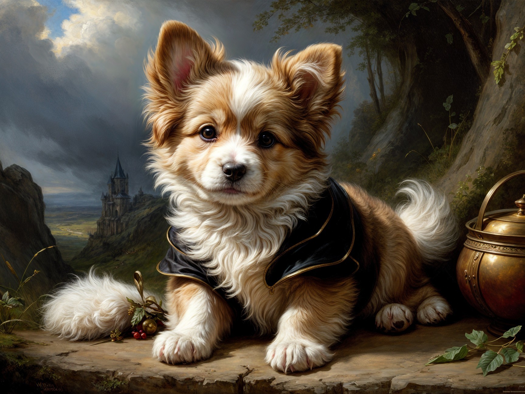 Charming Puppy in Cloak on Stone Ledge with Landscape