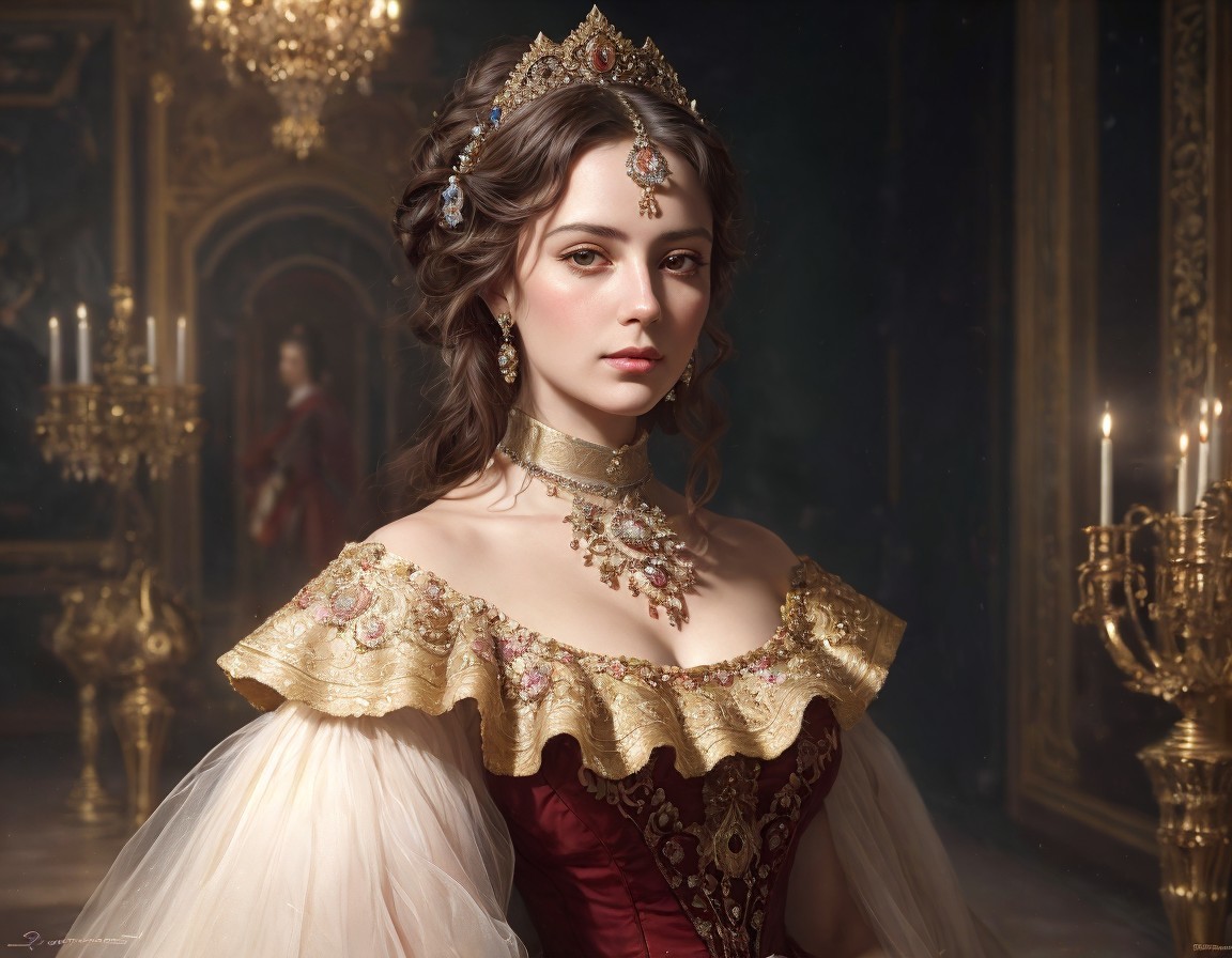 Elegant woman in royal attire in opulent room