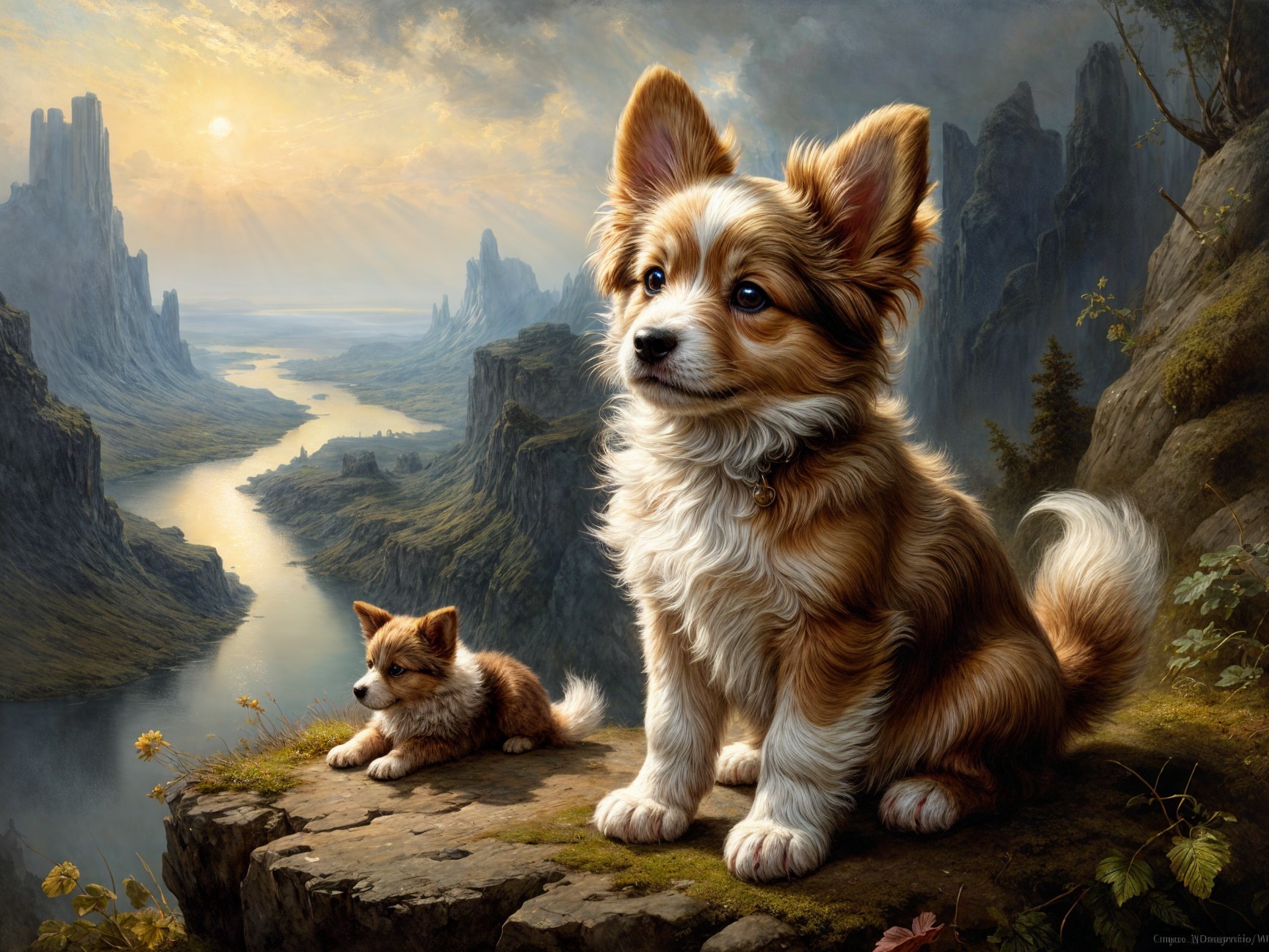 Corgi Puppies on Rocky Ledge by Winding River