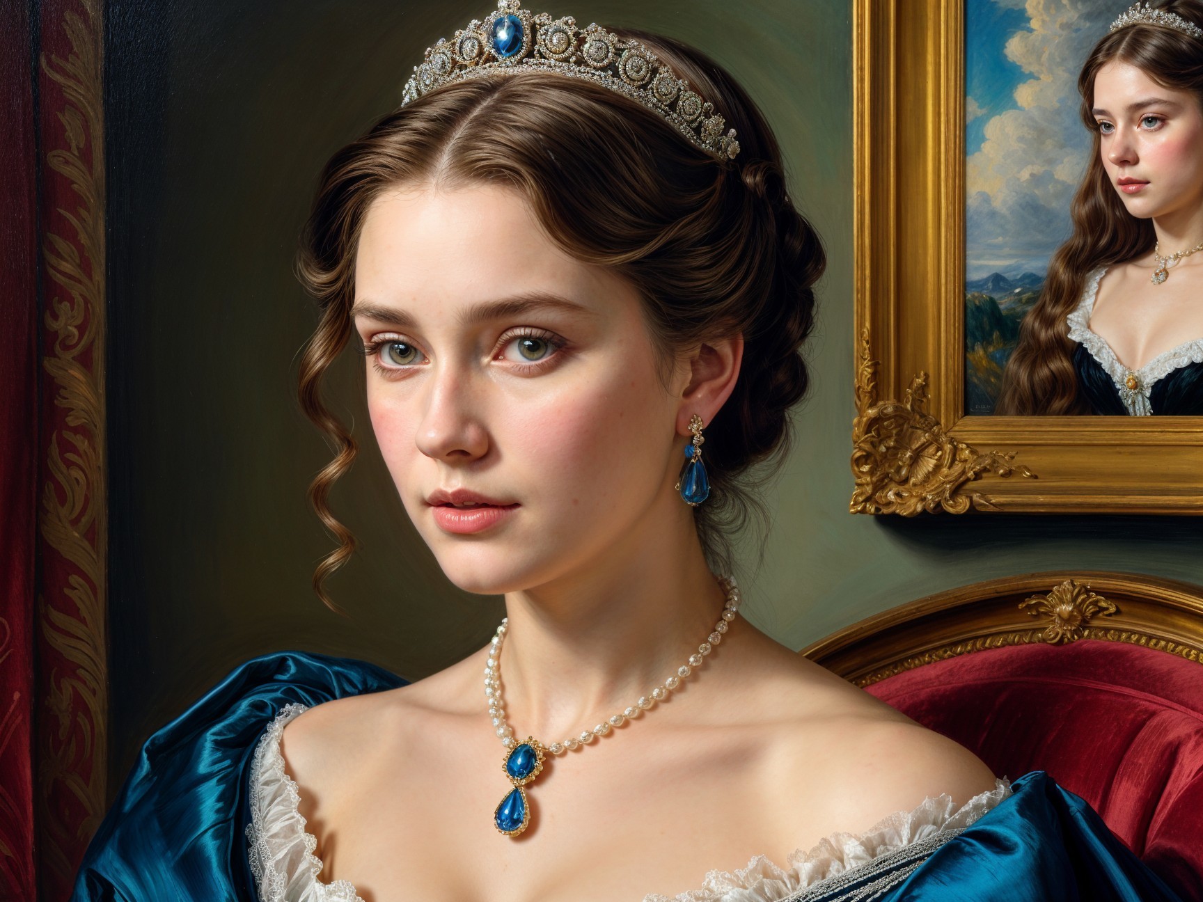 Elegant Young Woman in Blue Gown with Lace Details