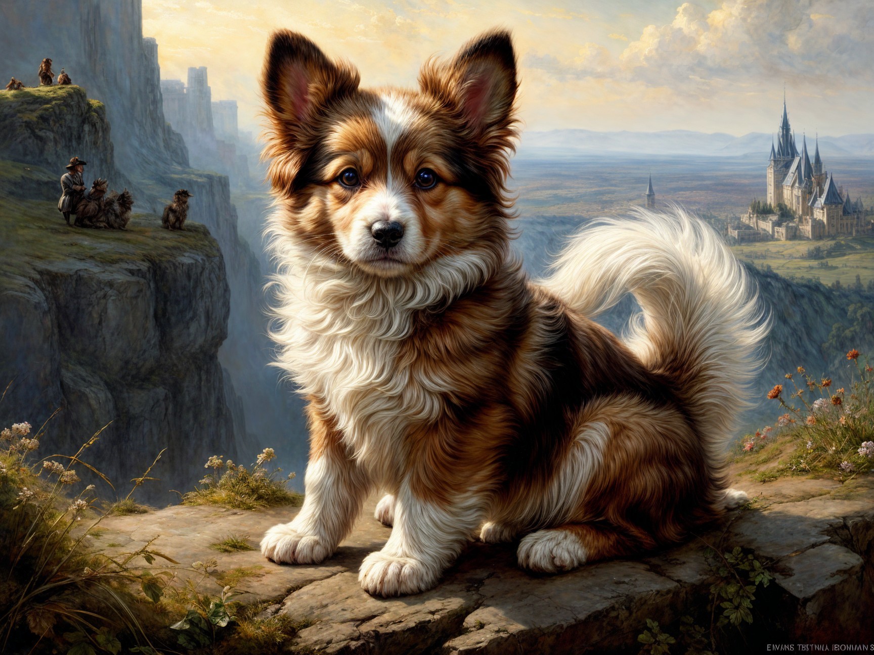Fluffy Corgi on Rocky Ledge with Scenic Landscape