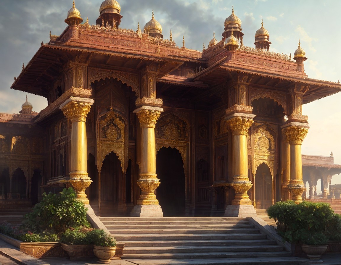 Historical palace with golden arches and domes at sunset