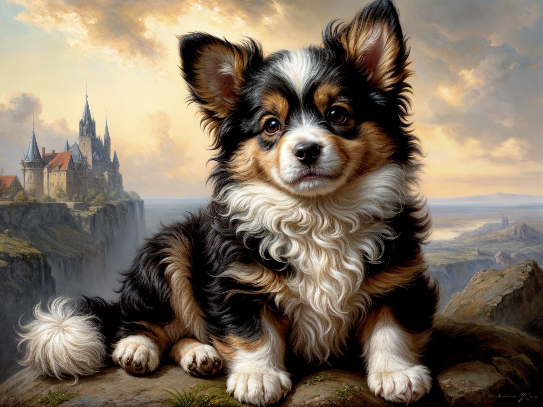 Fluffy Chihuahua on Rocky Outcrop with Castles Behind