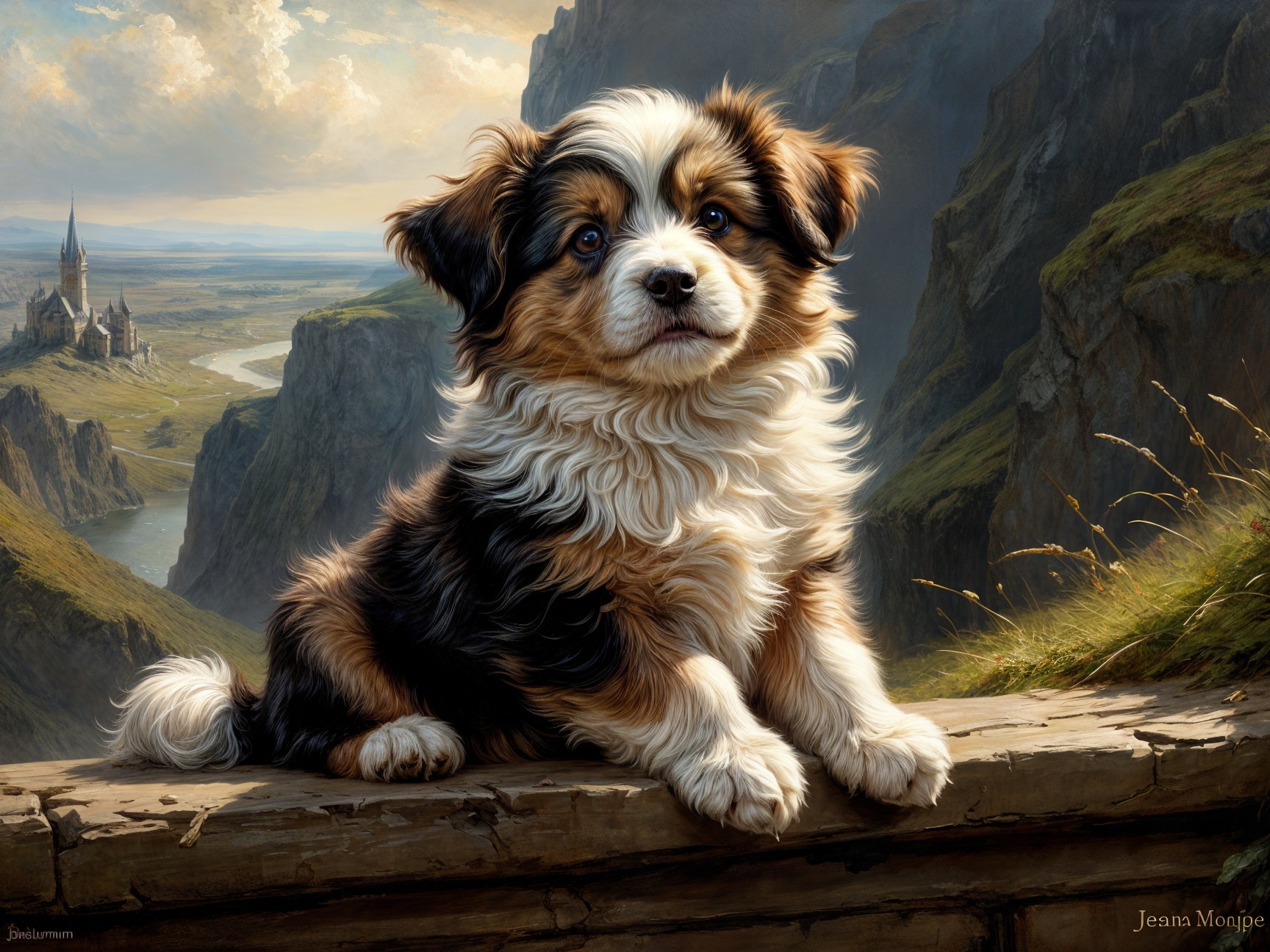 Small Fluffy Dog on Wooden Ledge with Scenic Landscape