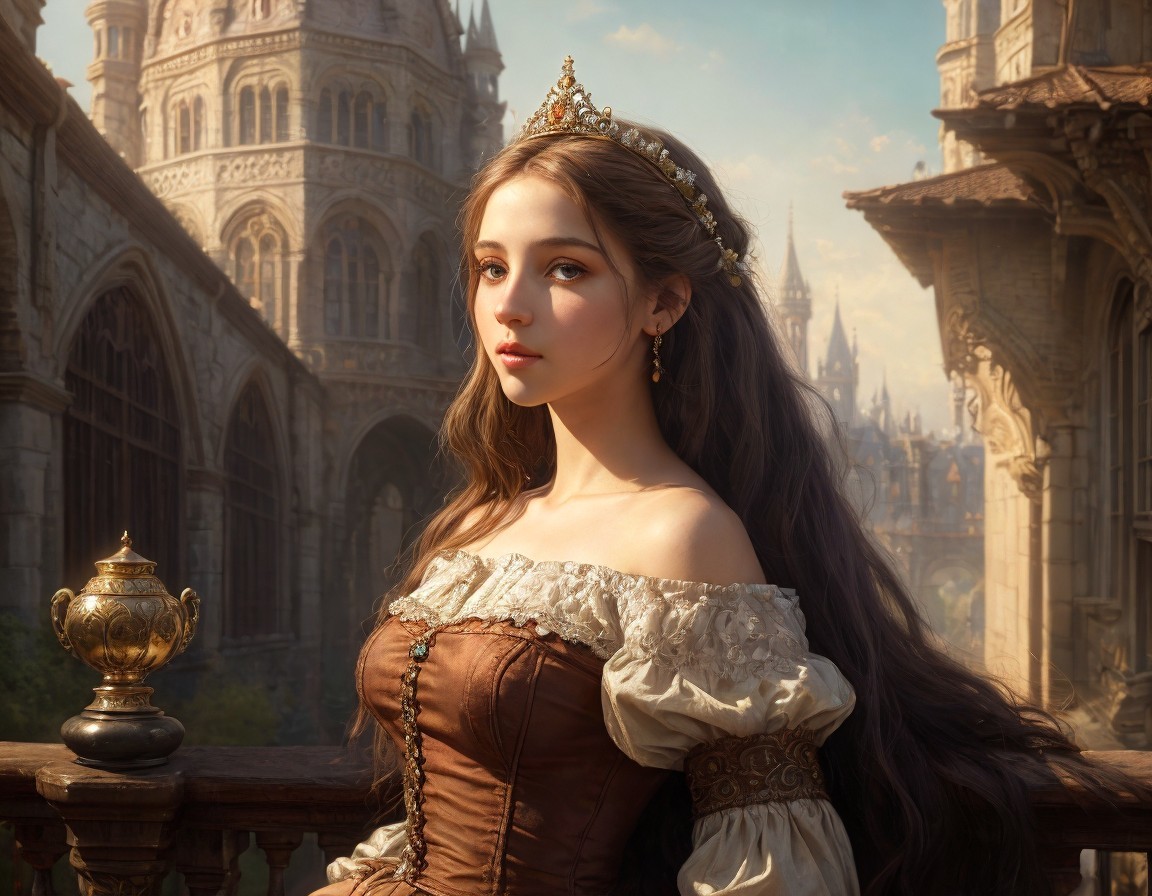 Digital Art: Young Woman in Renaissance Gown on Balcony with Gothic Cathedral