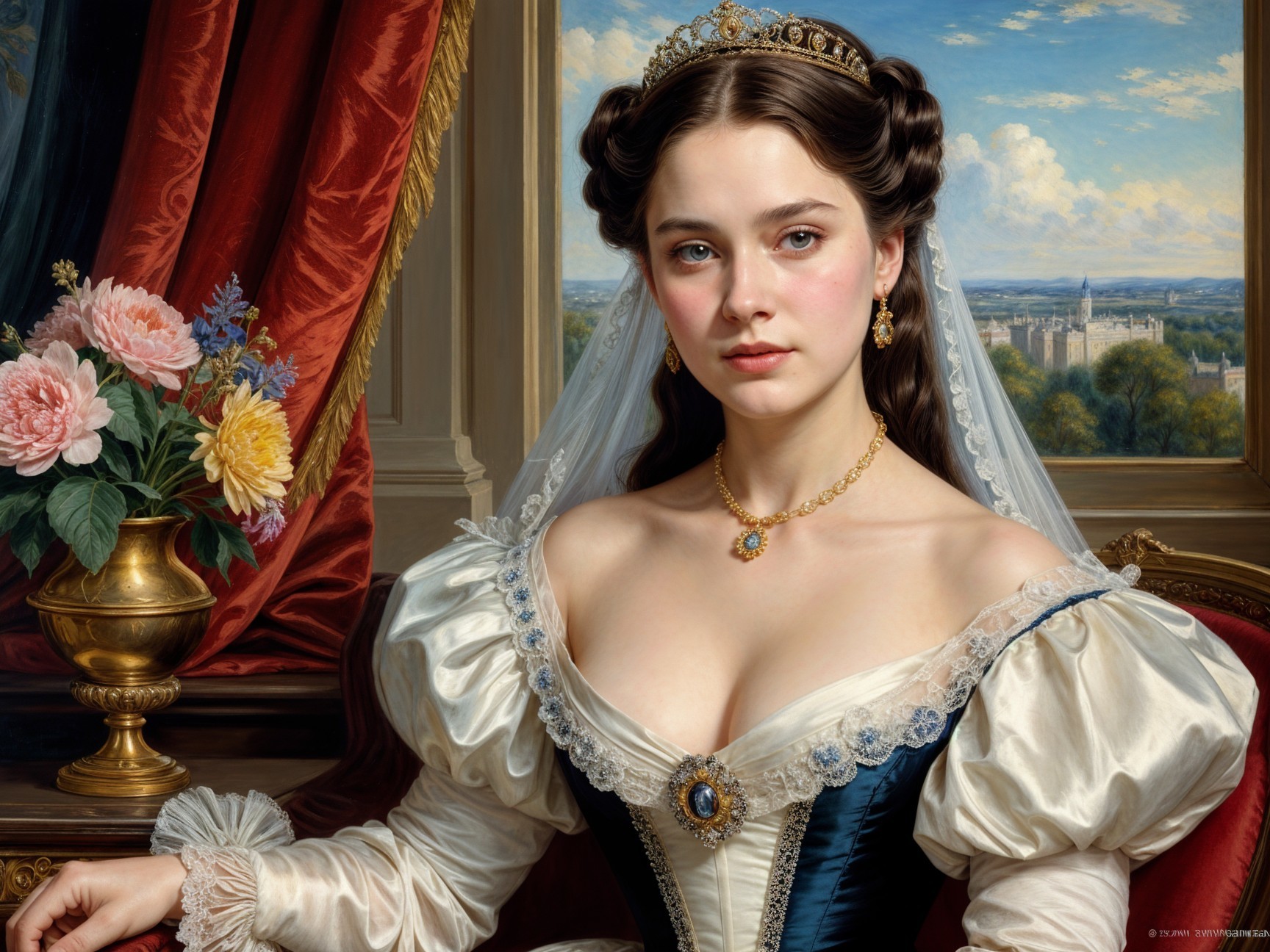 Young Woman in Luxurious Historical Dress and Jewelry