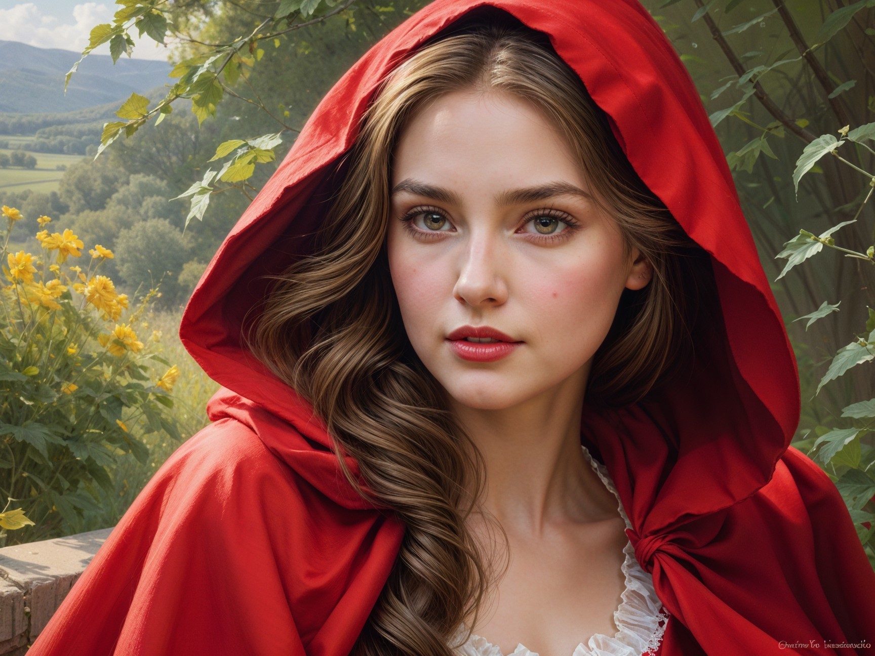 Young woman in red cloak amid blooming flowers