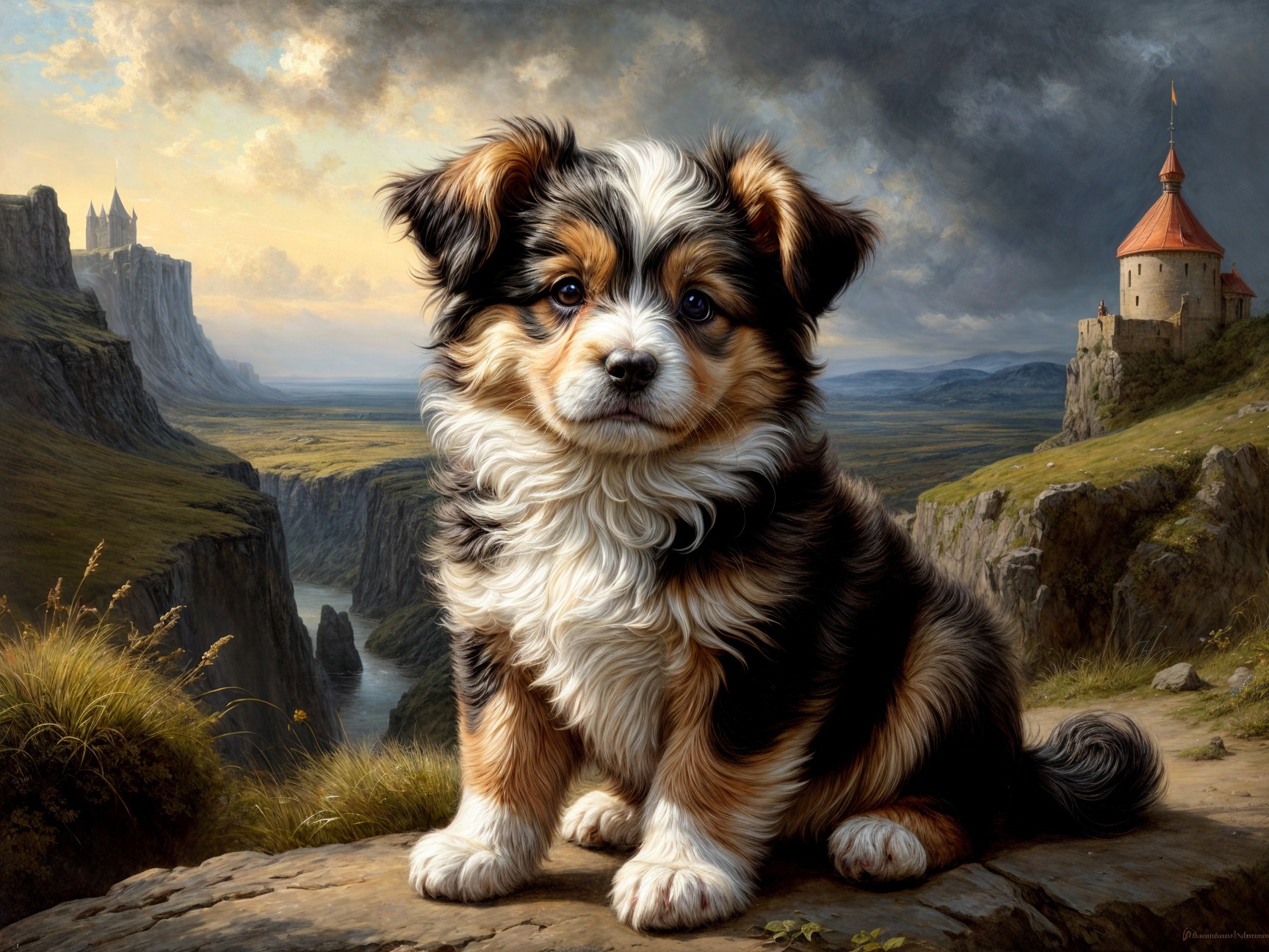 Fluffy Tri-Color Puppy on Rocky Surface with Landscape