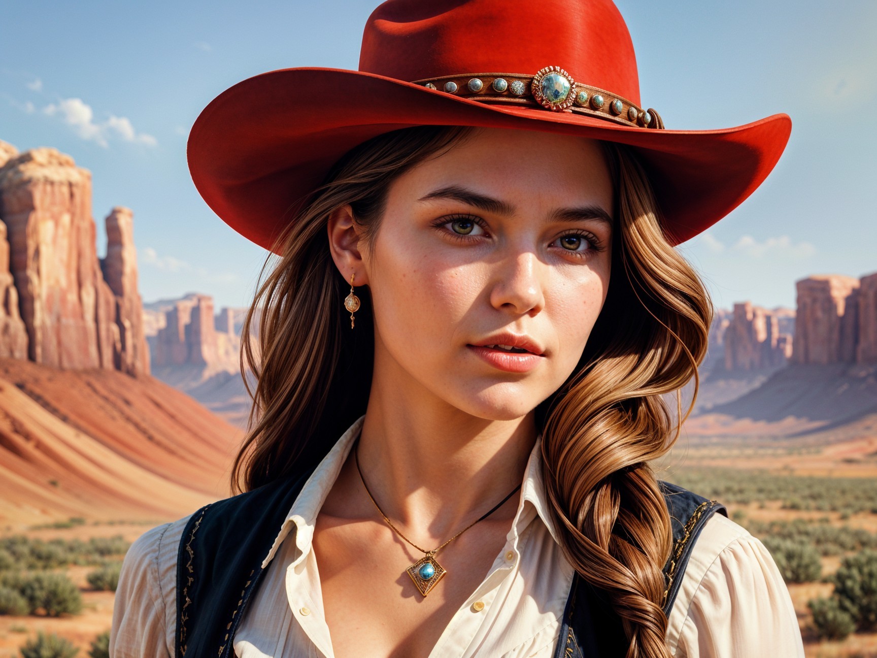 Young Woman in Red Cowboy Hat in Desert Landscape
