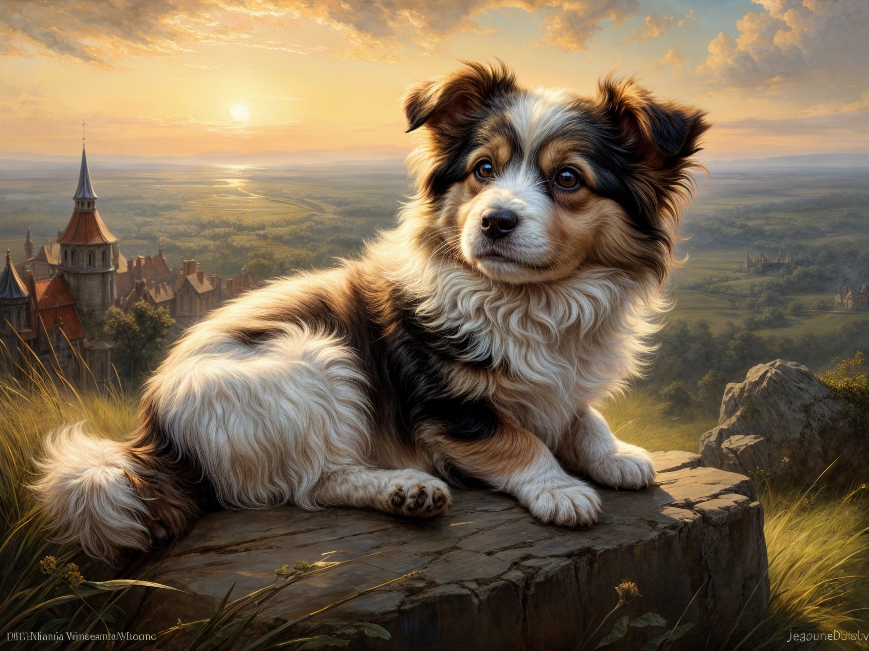 Fluffy Dog on Rocky Outcrop at Sunset with Landscape
