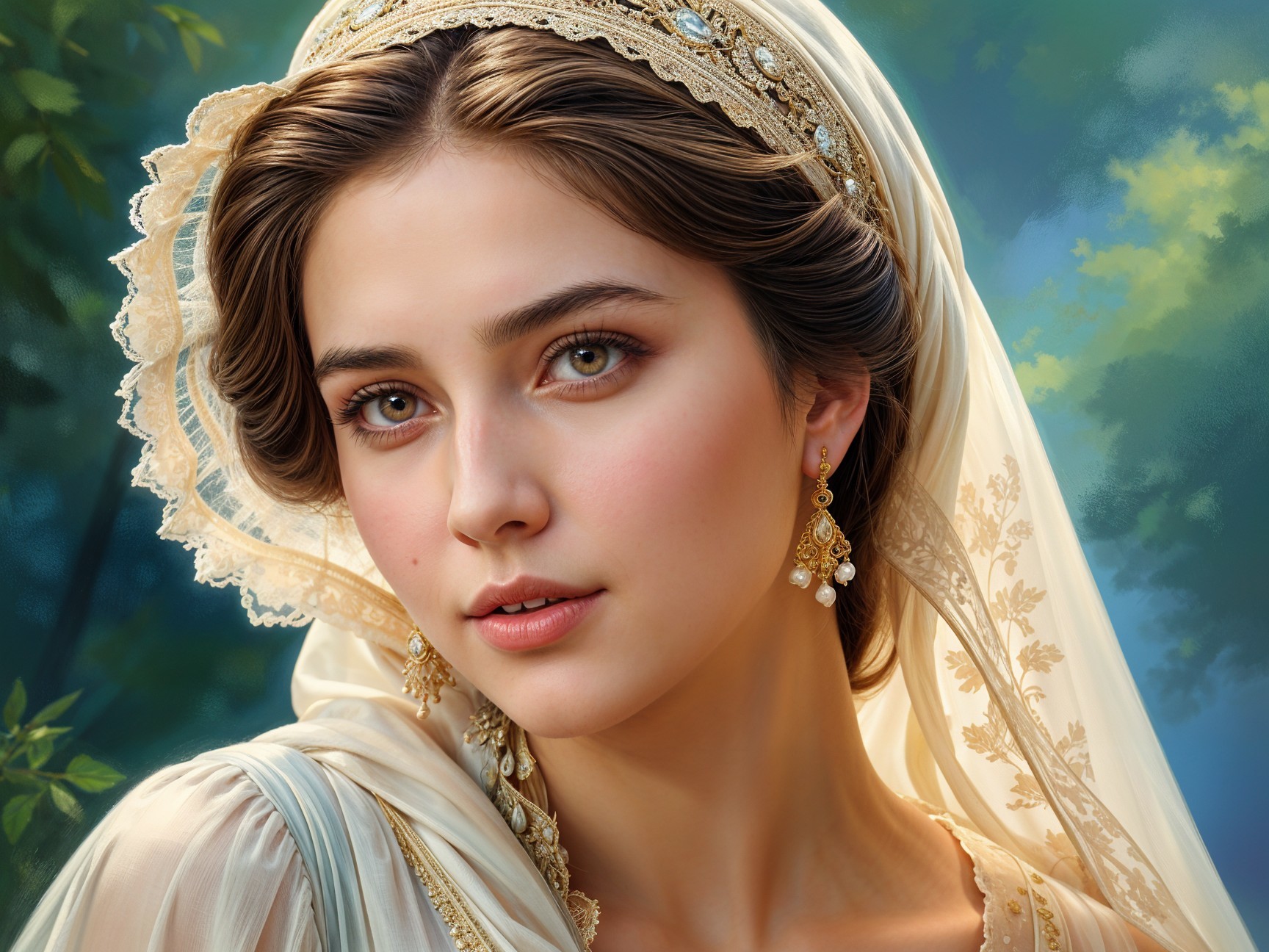 Portrait of a Young Woman with Green Eyes and Curls