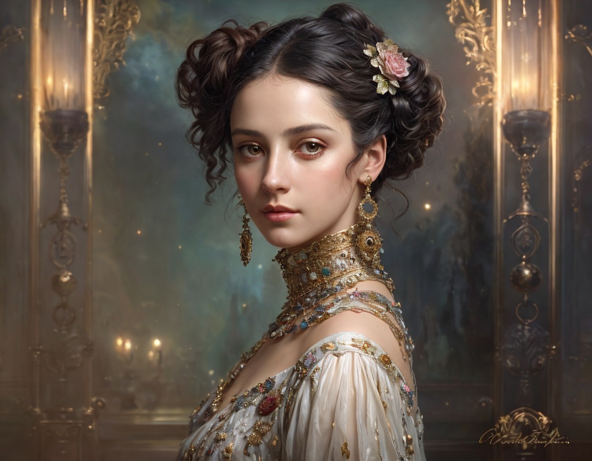 Elegant woman in ornate golden gown with chandeliers