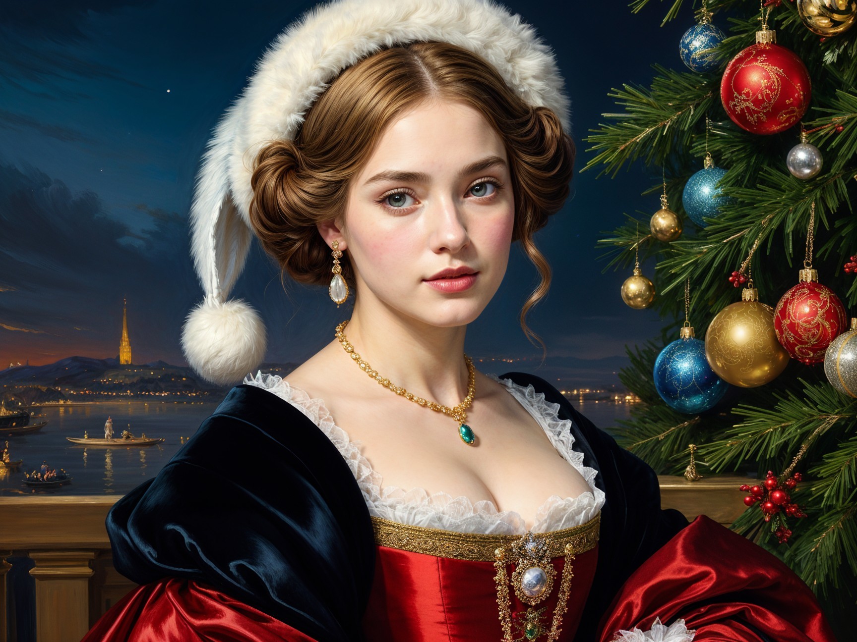 Young Woman in Vintage Gown by Christmas Tree