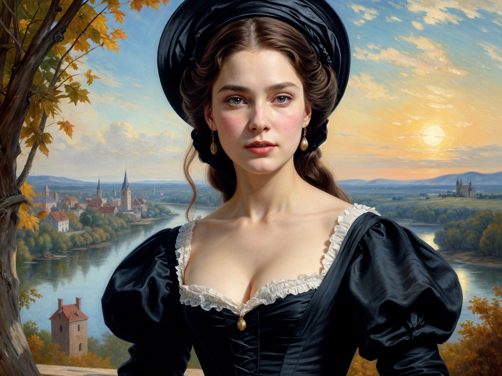 Elegant Woman in Black Gown Against Sunset Landscape