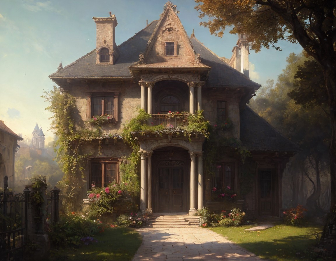 Old-fashioned stone house with steep roof and balcony