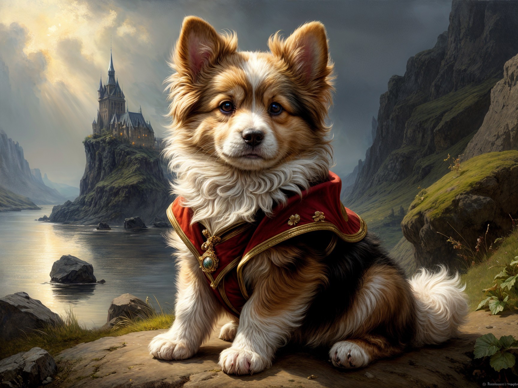Regal Corgi in Cape Against Scenic Landscape