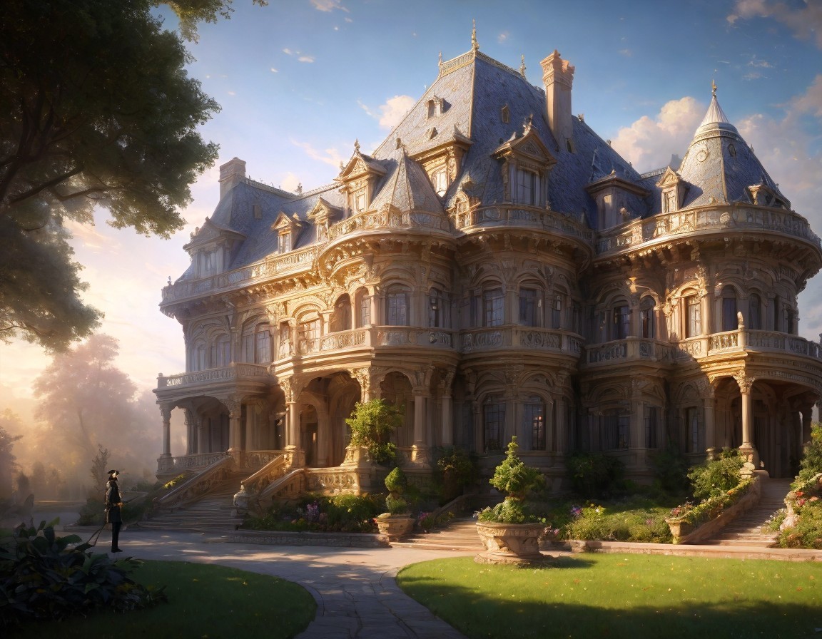 Intricately Designed Mansion Surrounded by Lush Gardens