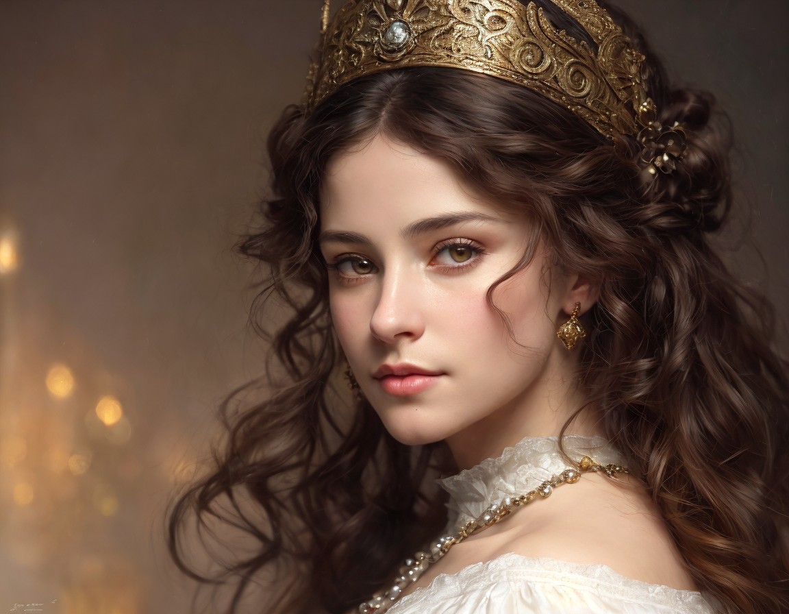 Young woman with golden crown and elegant attire