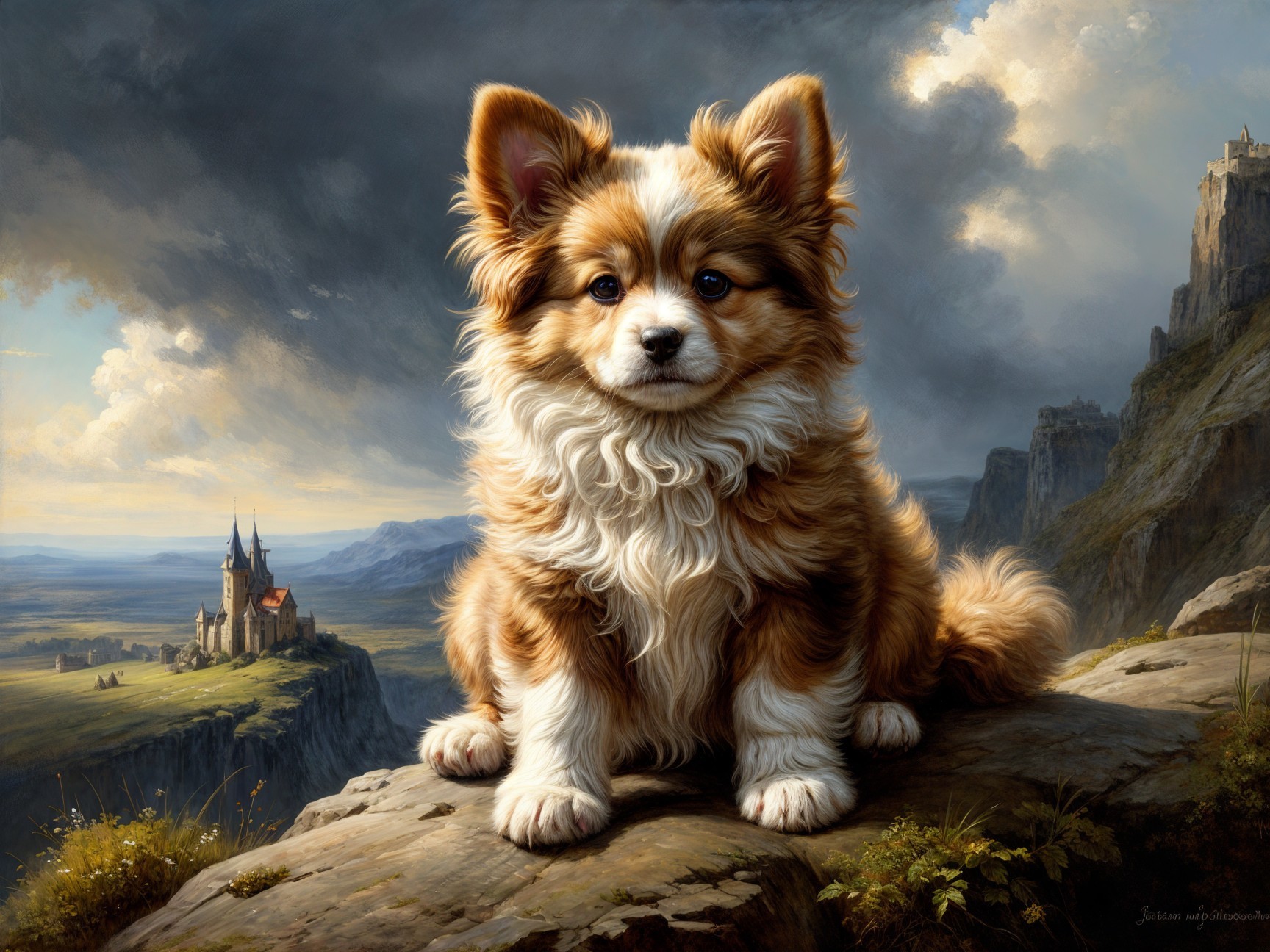 Fluffy Golden-Brown Puppy on Rocky Ledge with Castle