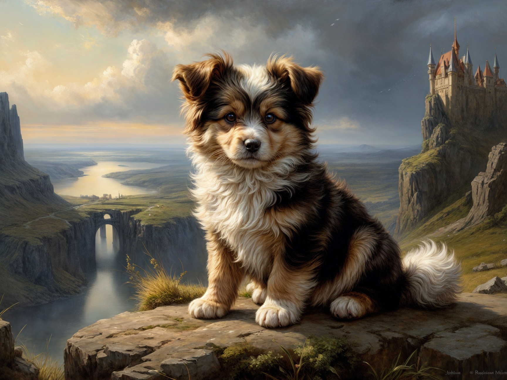 Fluffy Dog Overlooking Scenic Landscape with Castle