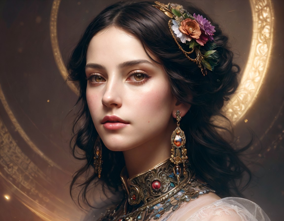 Young woman with jewelry and floral hair in glow