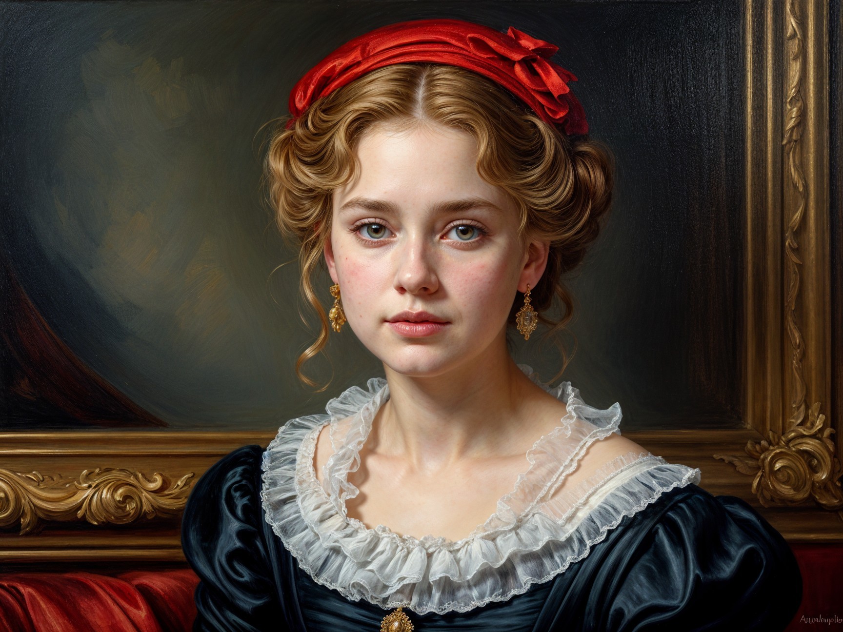Young Woman in Elegant Gown with Red Ribbon