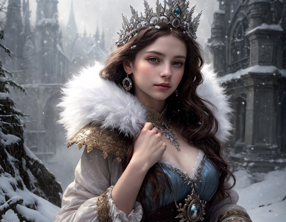 Young woman in jeweled crown and fur-trimmed cloak in snowy castle courtyard