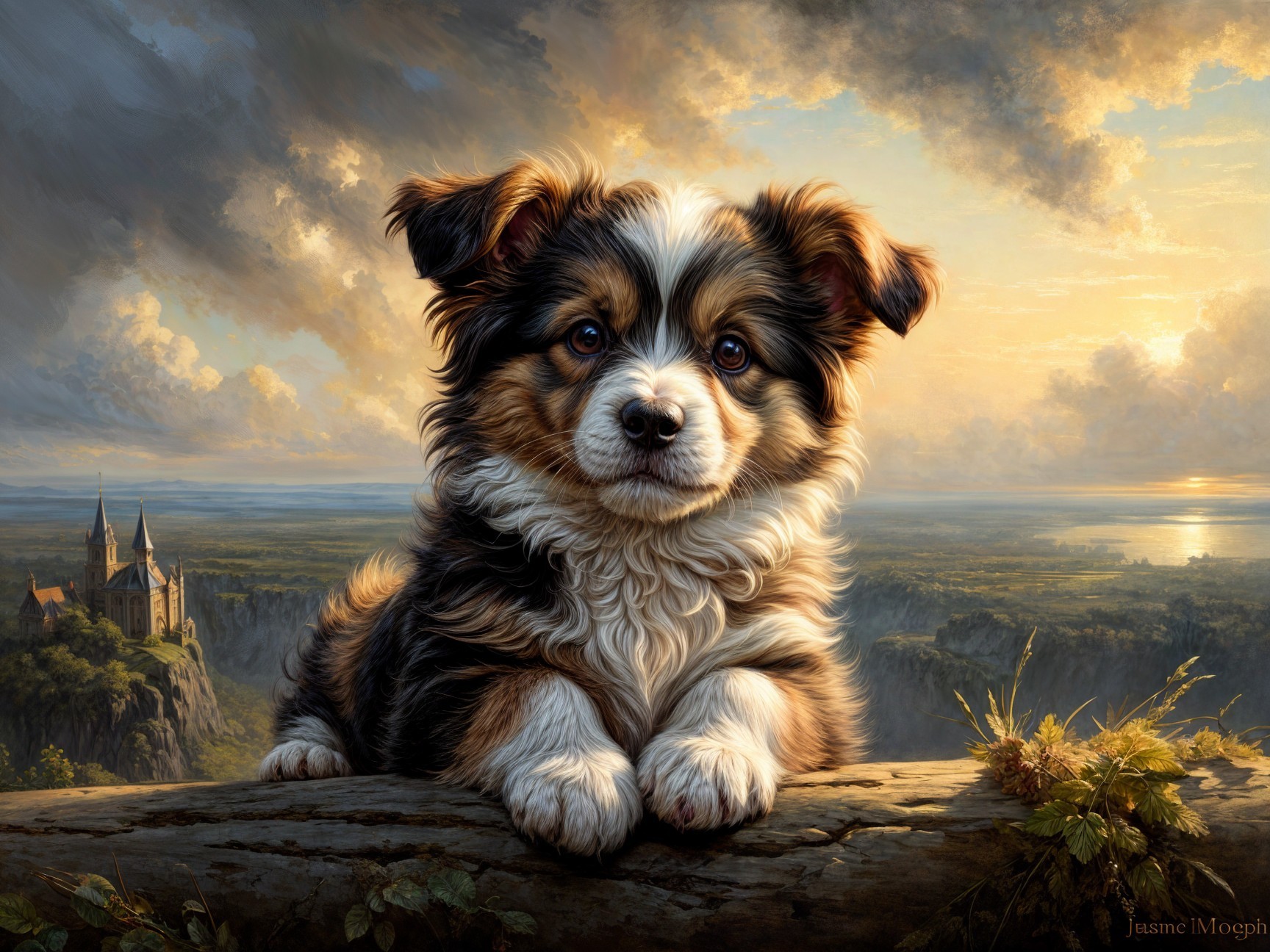 Cute puppy resting on a log in a scenic landscape