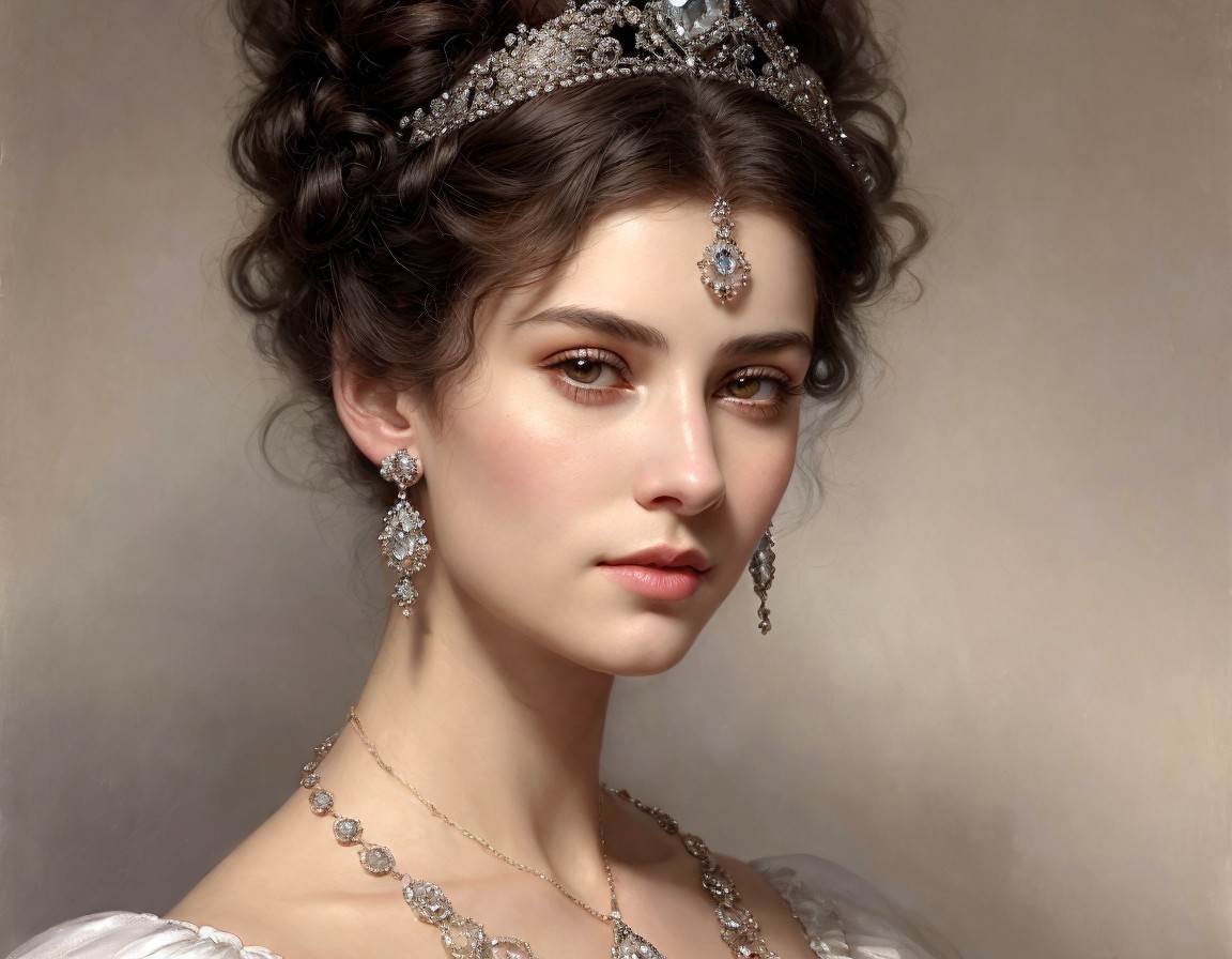 Young woman with intricate updo and tiara showcasing elegant jewelry in gentle gaze against soft backdrop