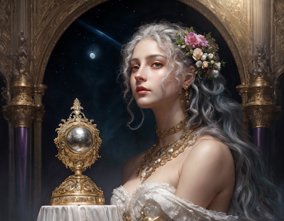 Regal woman with flowers in her hair in vintage room with night sky view