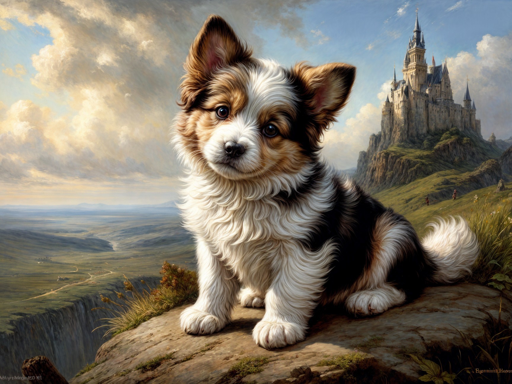 Fluffy Puppy on Grassy Hill with Castle Background