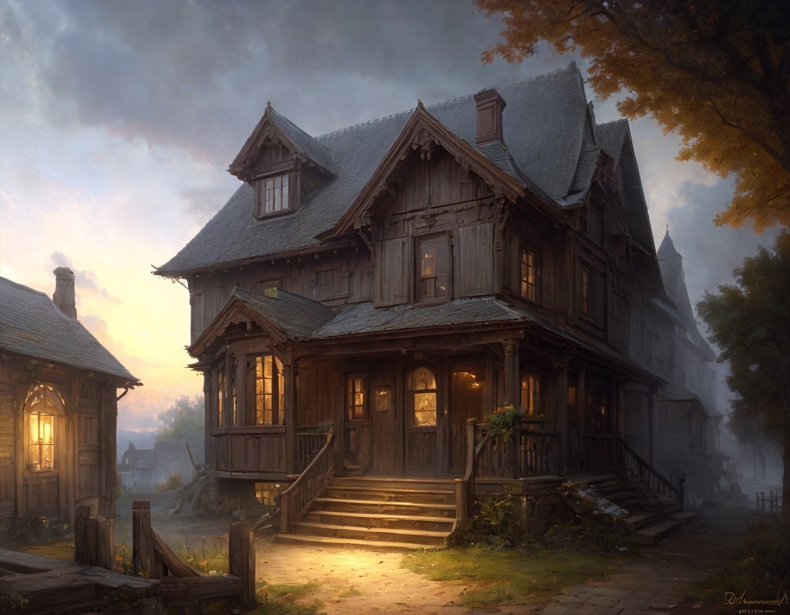 Old Wooden House in Foggy, Mysterious Setting