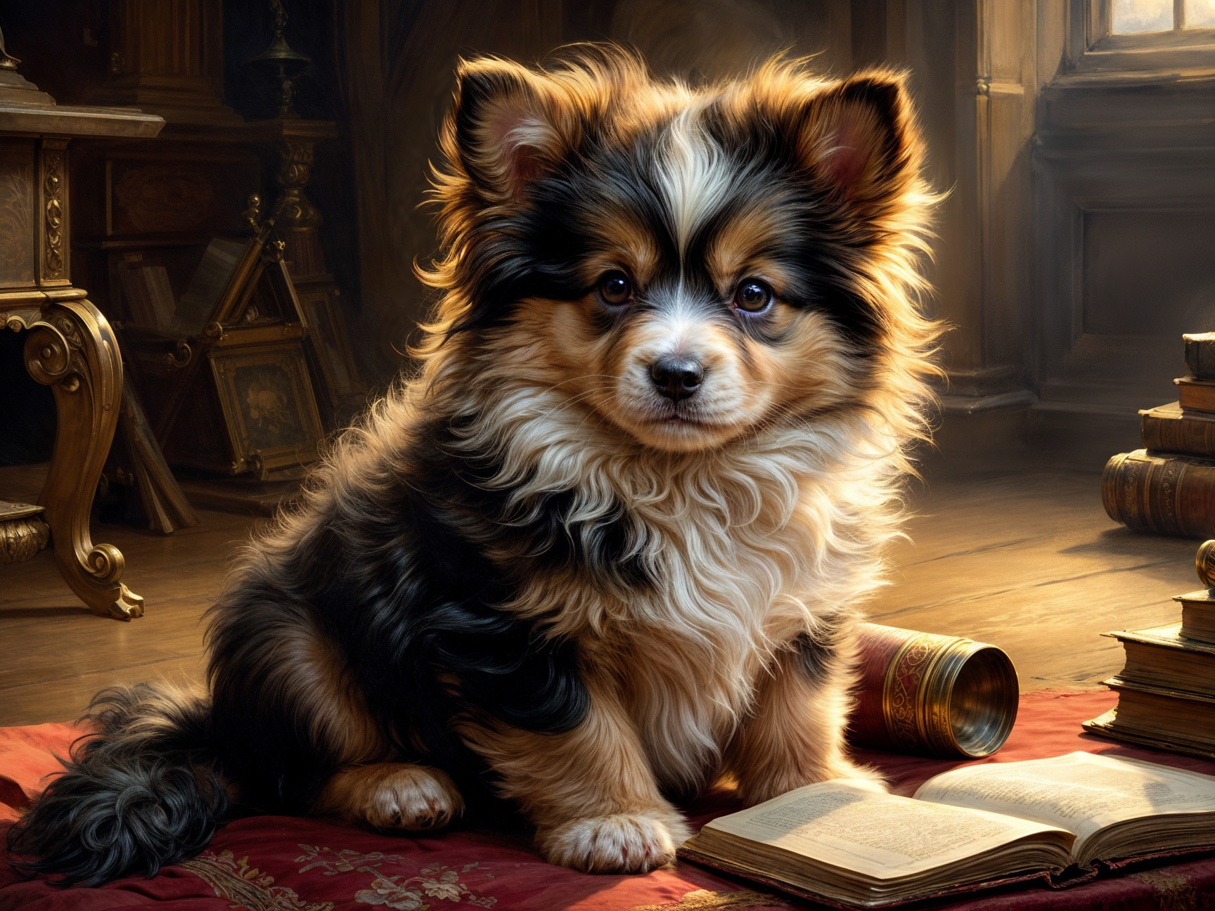 Fluffy puppy on red carpet with vintage decor and book