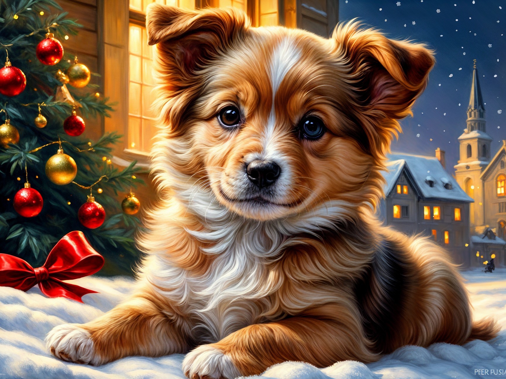 Small puppy in snowy landscape with holiday lights