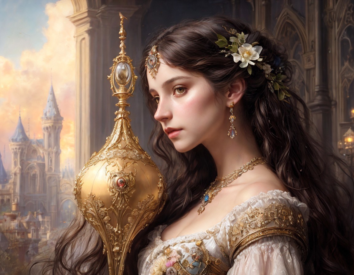 Portrait of a woman with jewelry by a fantasy castle