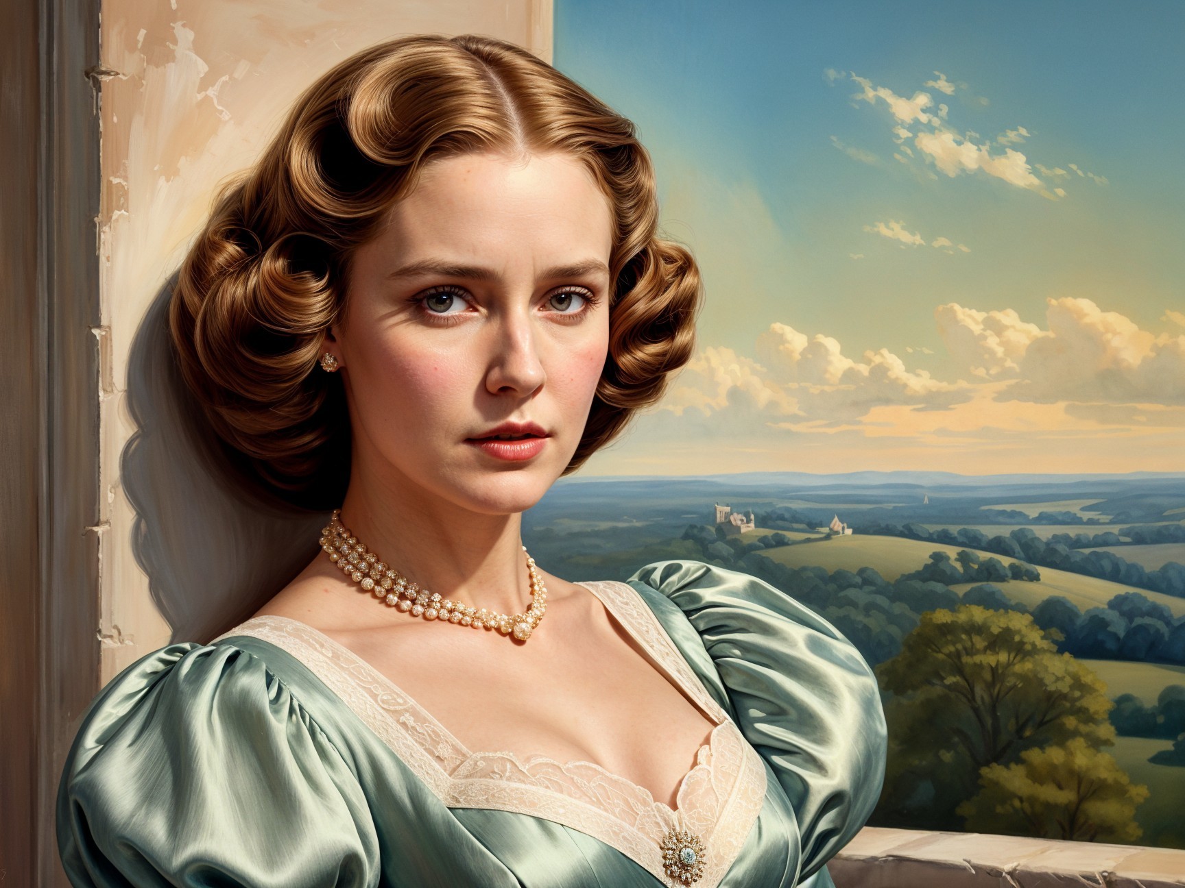 Vintage Woman in Blue Gown Against Serene Landscape