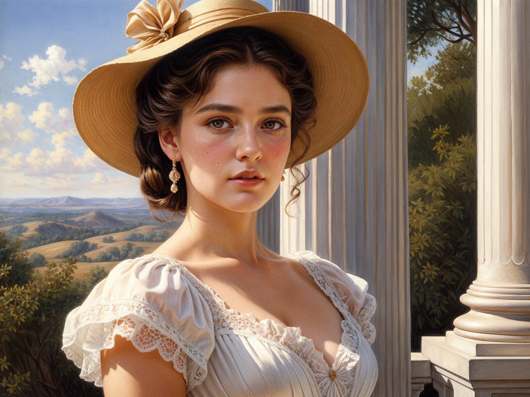 Young Woman in White Dress in Sunlit Outdoor Setting