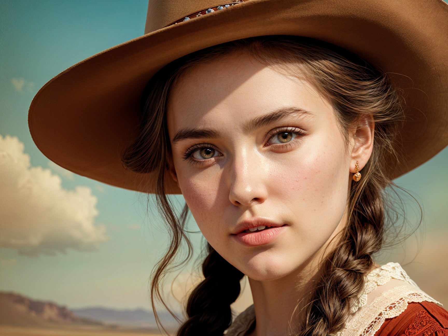 Young woman in vintage outfit against scenic mountains