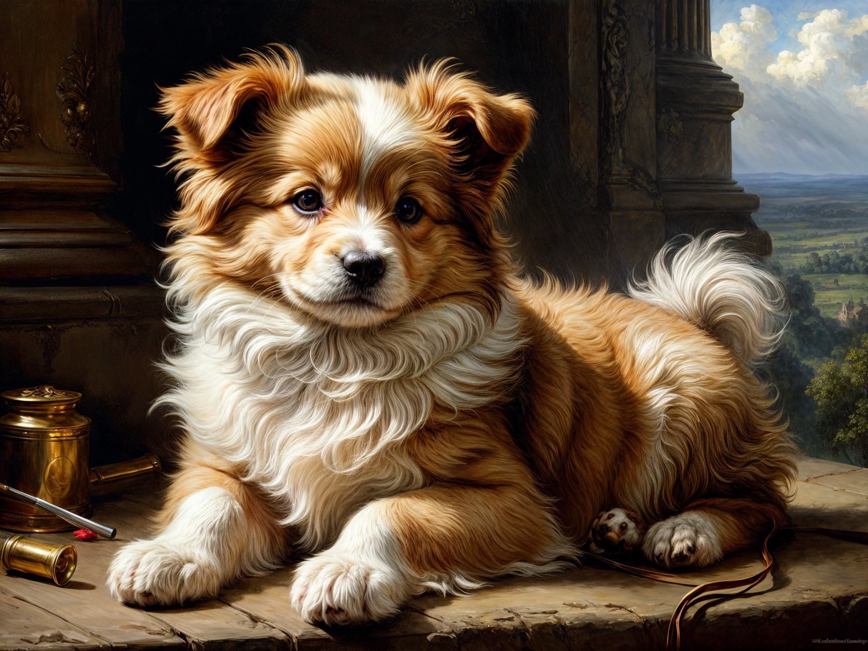 Fluffy Dog on Wooden Surface with Scenic Background