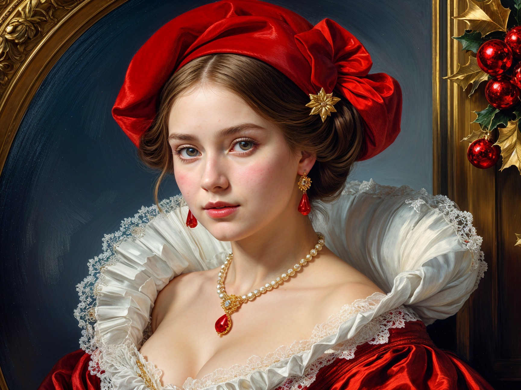 Portrait of a Woman in Opulent Red Dress and Jewelry