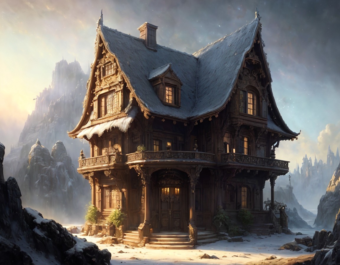 Ornate Wooden House in Snowy Mountain Landscape